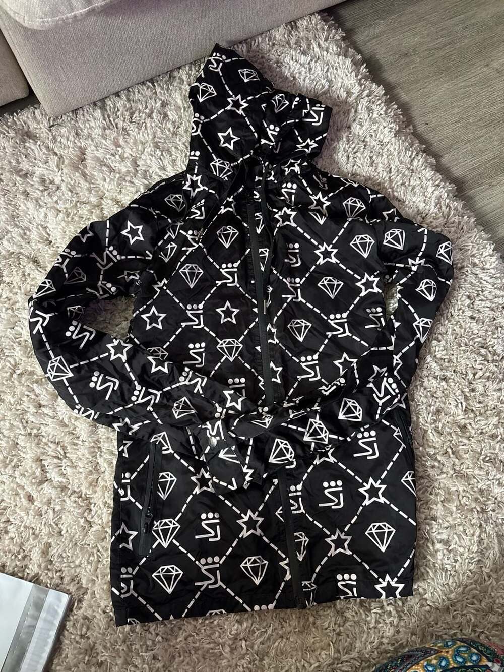 Shane Justin SJ Black and White Diamond Monogram Windbreaker Jacket (0006)